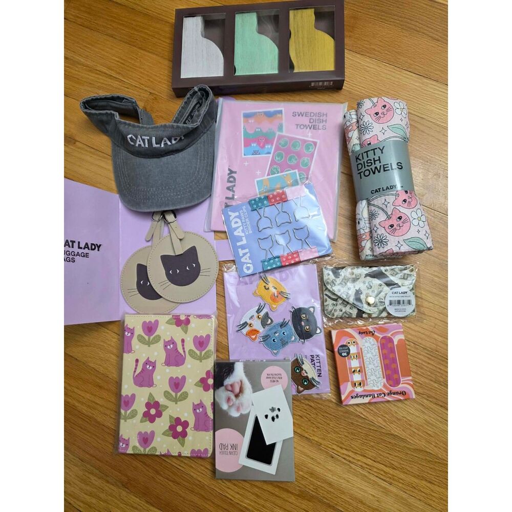 Cat Lady Gift Bundle Lot – Visor Luggage Tags Towels Wallet Stationery & More